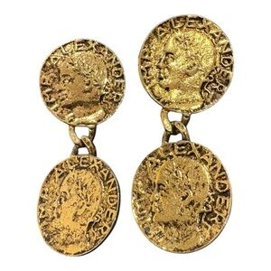 Gold Tone Roman Coin Double Drop Dangle Earrings J41